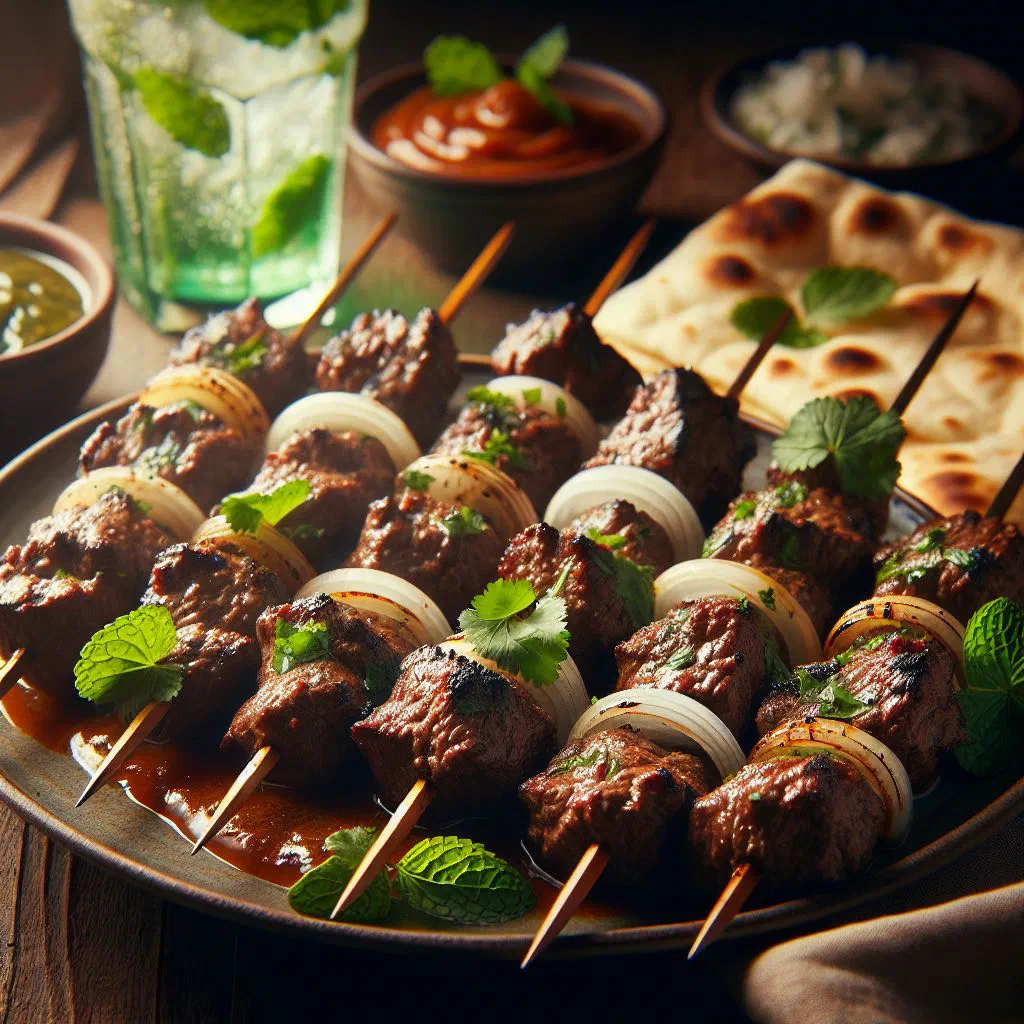 Grilled beef boti kebab skewers with fresh herbs and lemon