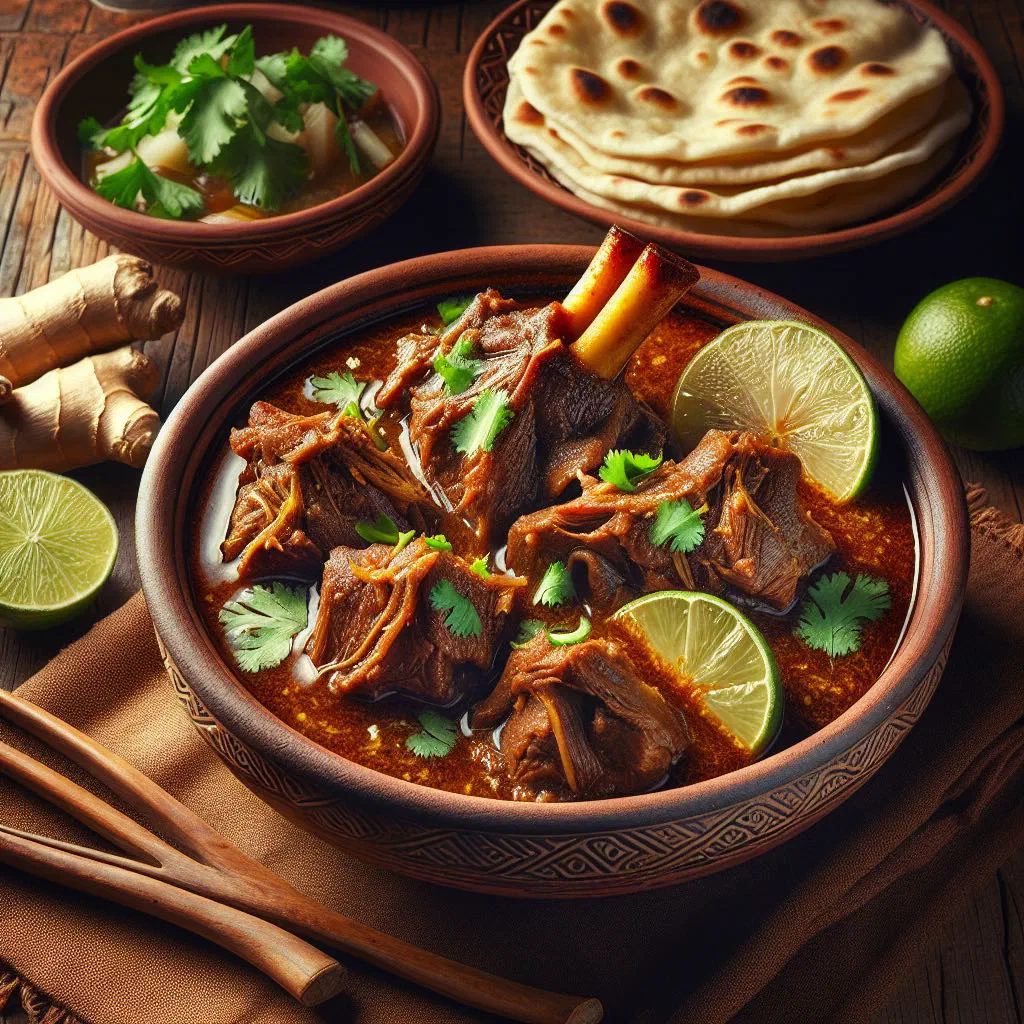 Beef nihari in a rich brown gravy garnished with fresh coriander and ginger