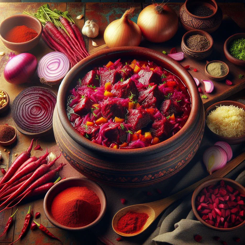 Chukandar gosht, a deep red beetroot and lamb curry garnished with fresh coriander