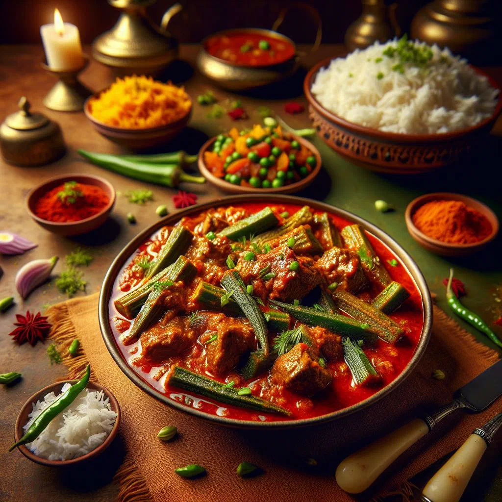 Bhindi gosht with tender lamb and okra in a spiced tomato sauce