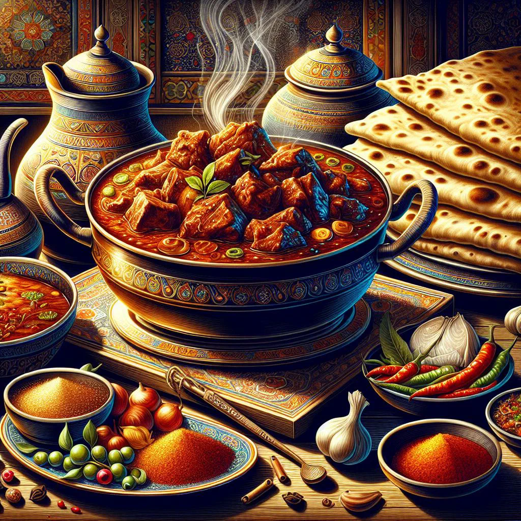 Bhuna gosht with tender meat in a rich spiced gravy, garnished with fresh coriander