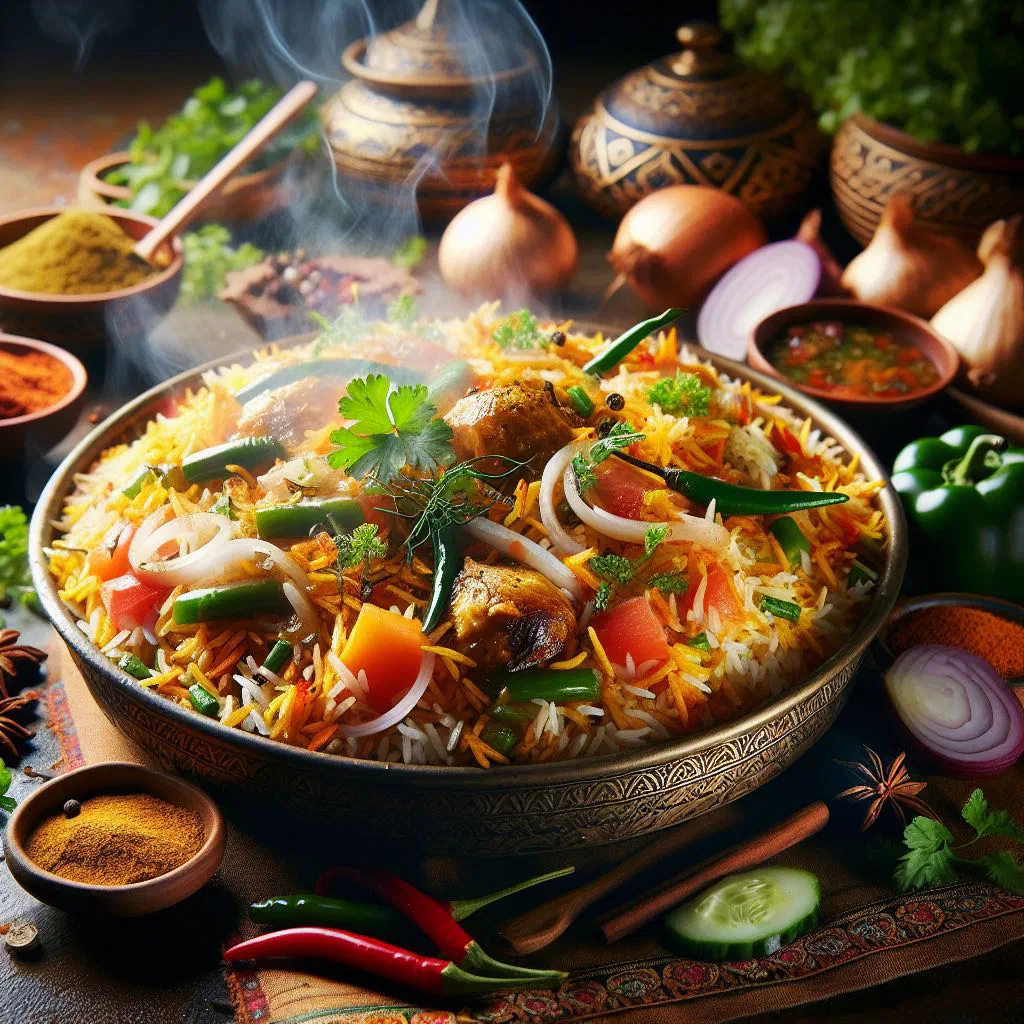 Fragrant Pakistani biryani with basmati rice, tender chicken and fresh coriander