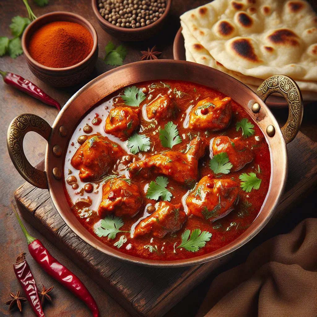 Chicken karahi in a wok-style pan garnished with fresh coriander