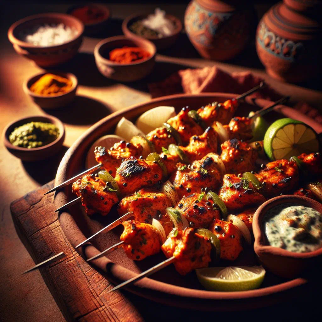 Grilled chicken tikka skewers garnished with fresh coriander and lemon
