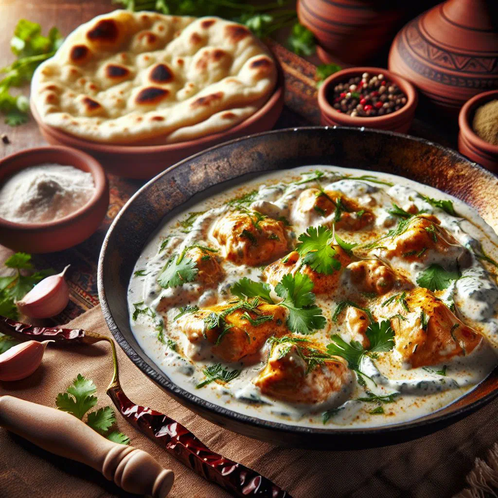 Chicken white karahi in a creamy sauce garnished with fresh coriander