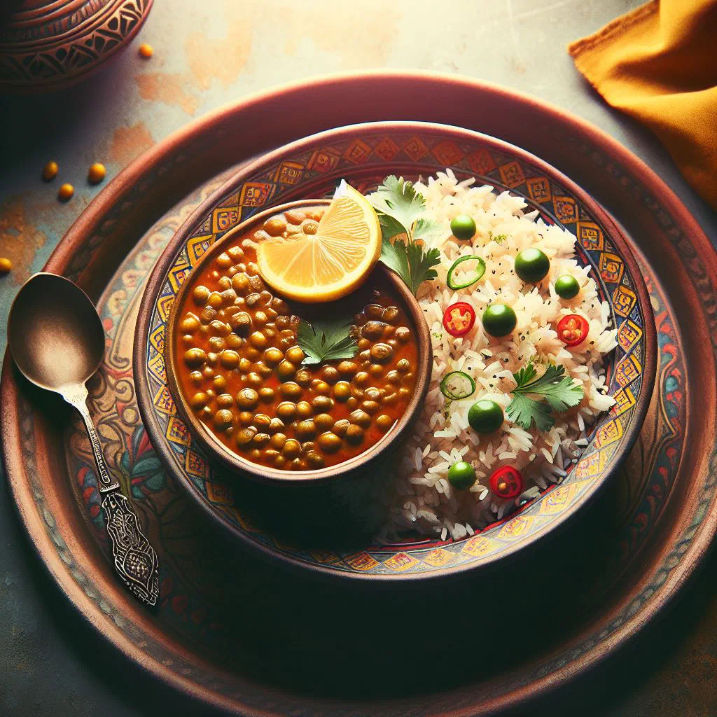 Bowl of spiced red lentil daal served with fluffy basmati rice and fresh coriander