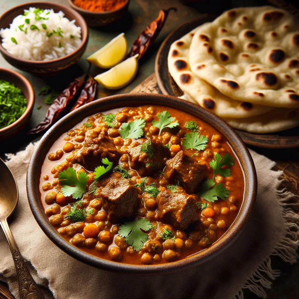 Dal gosht curry of meat and lentils garnished with fresh coriander