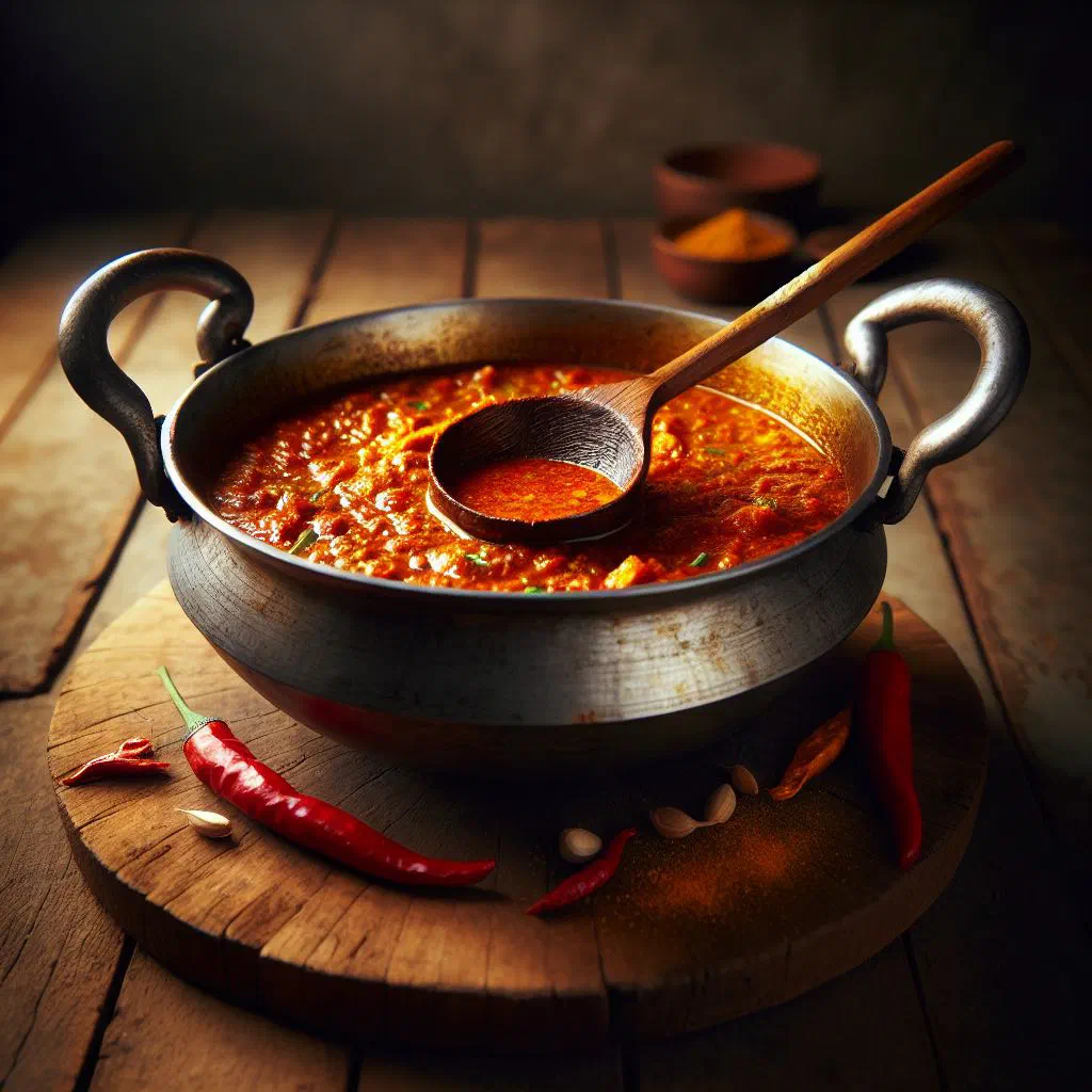 Dhaba karahi with tender meat, tomatoes and fresh coriander in a black wok
