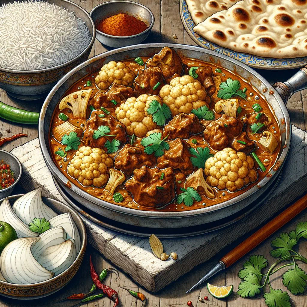Gobi gosht with tender meat and cauliflower florets garnished with fresh coriander