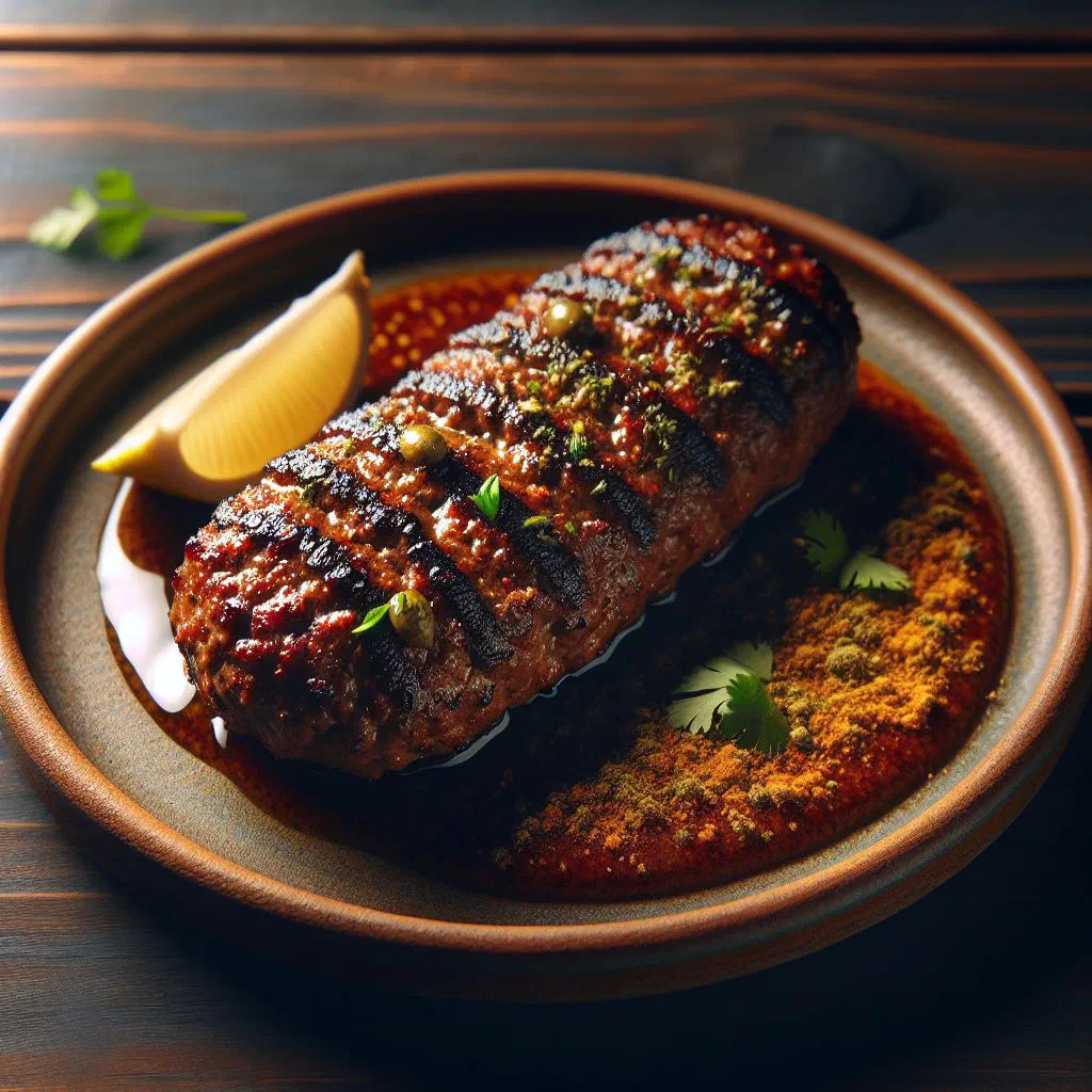 Grilled gola kabab skewers with fresh herbs and dipping sauce