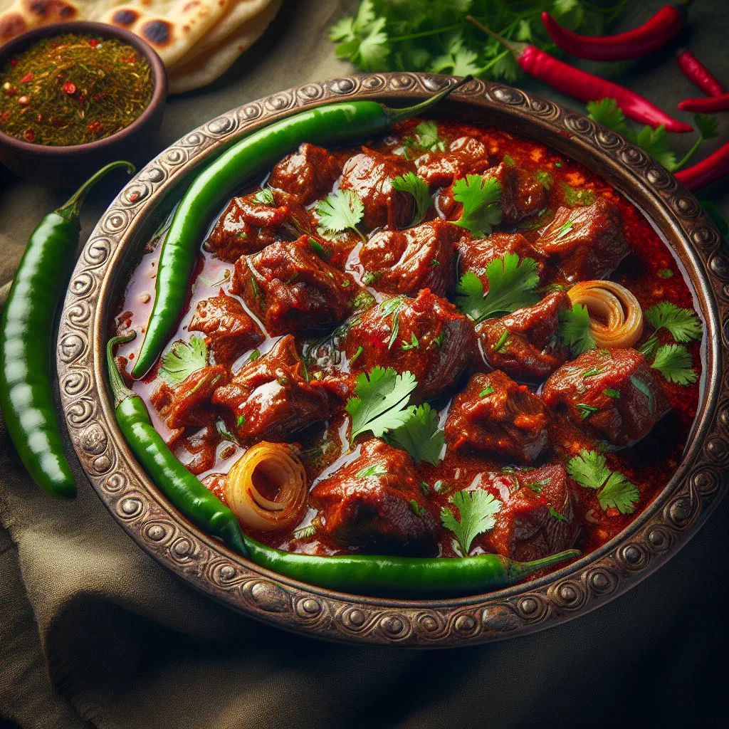 Gosht karahi with tender lamb in a spiced tomato sauce, garnished with coriander