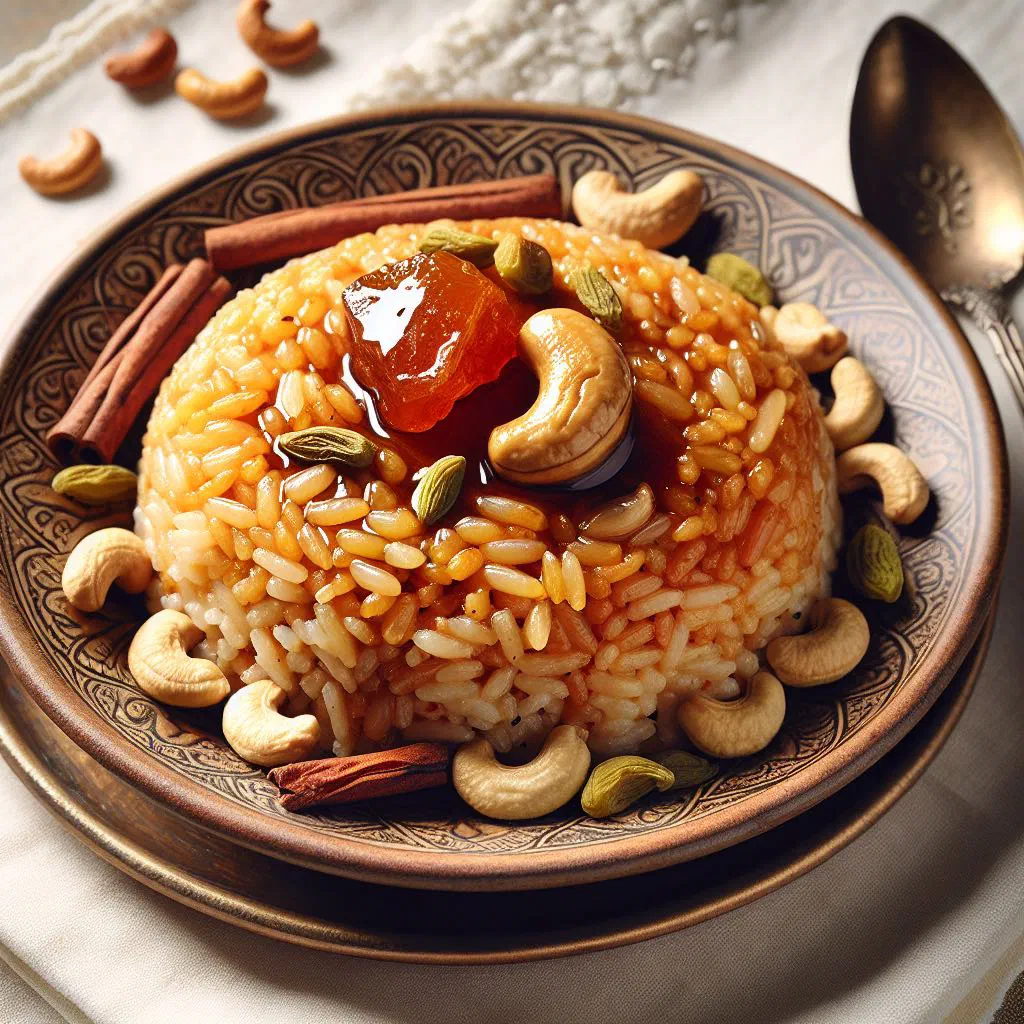 Sweet jaggery rice garnished with toasted nuts in a bowl