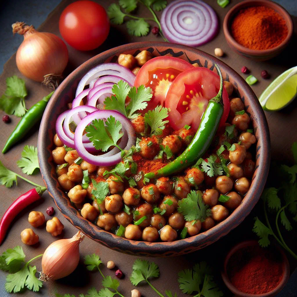Bowl of black chickpea chaat with diced onion, tomato and fresh coriander