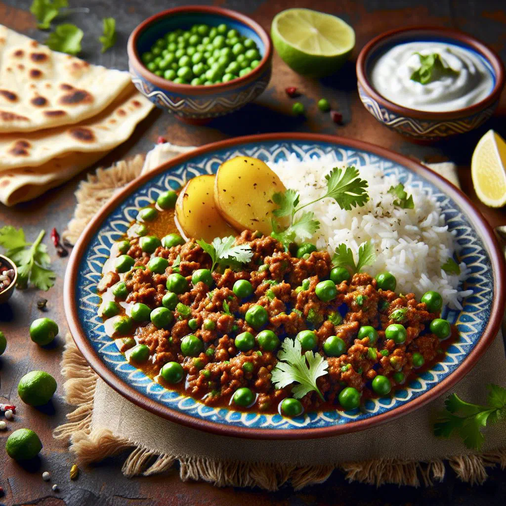 Keema aloo with spiced minced meat and diced potatoes garnished with fresh coriander