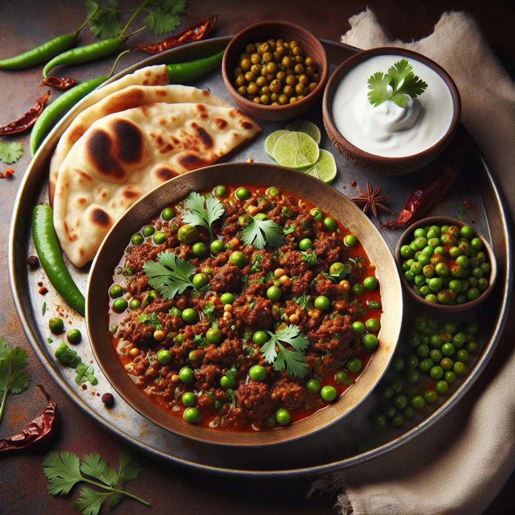 Keema matar of spiced minced meat and green peas garnished with fresh coriander