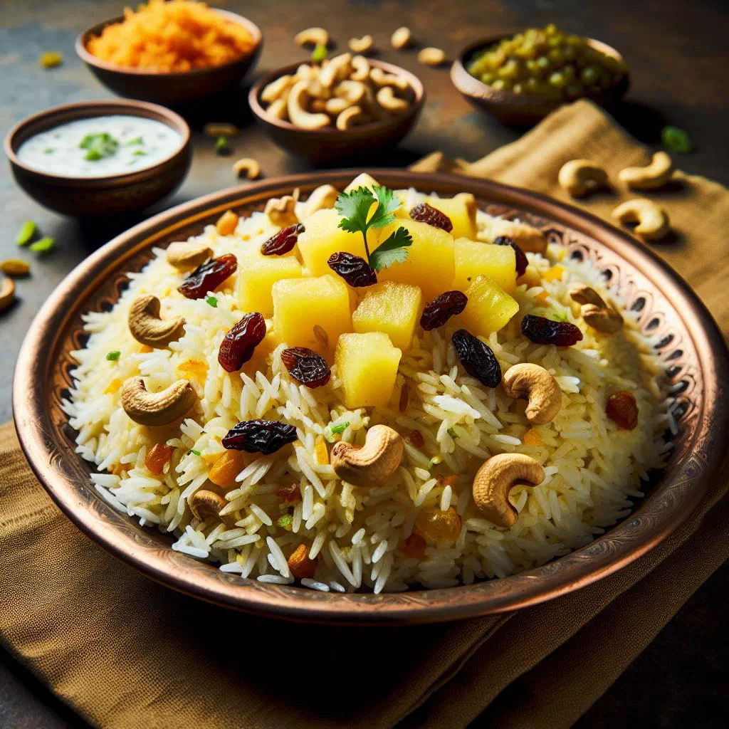 Sweet and sour Khatta Meetha Pulao with dried fruit and fresh coriander
