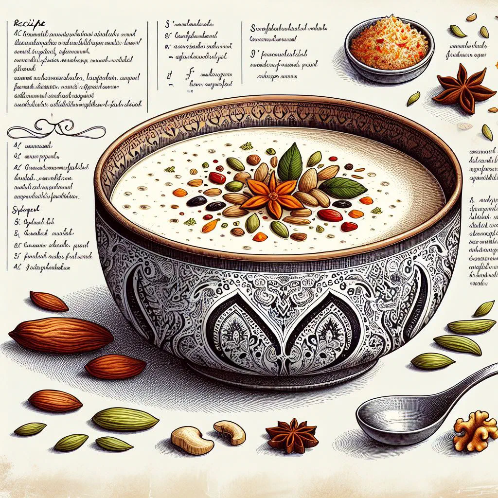 Creamy kheer rice pudding garnished with chopped nuts and raisins