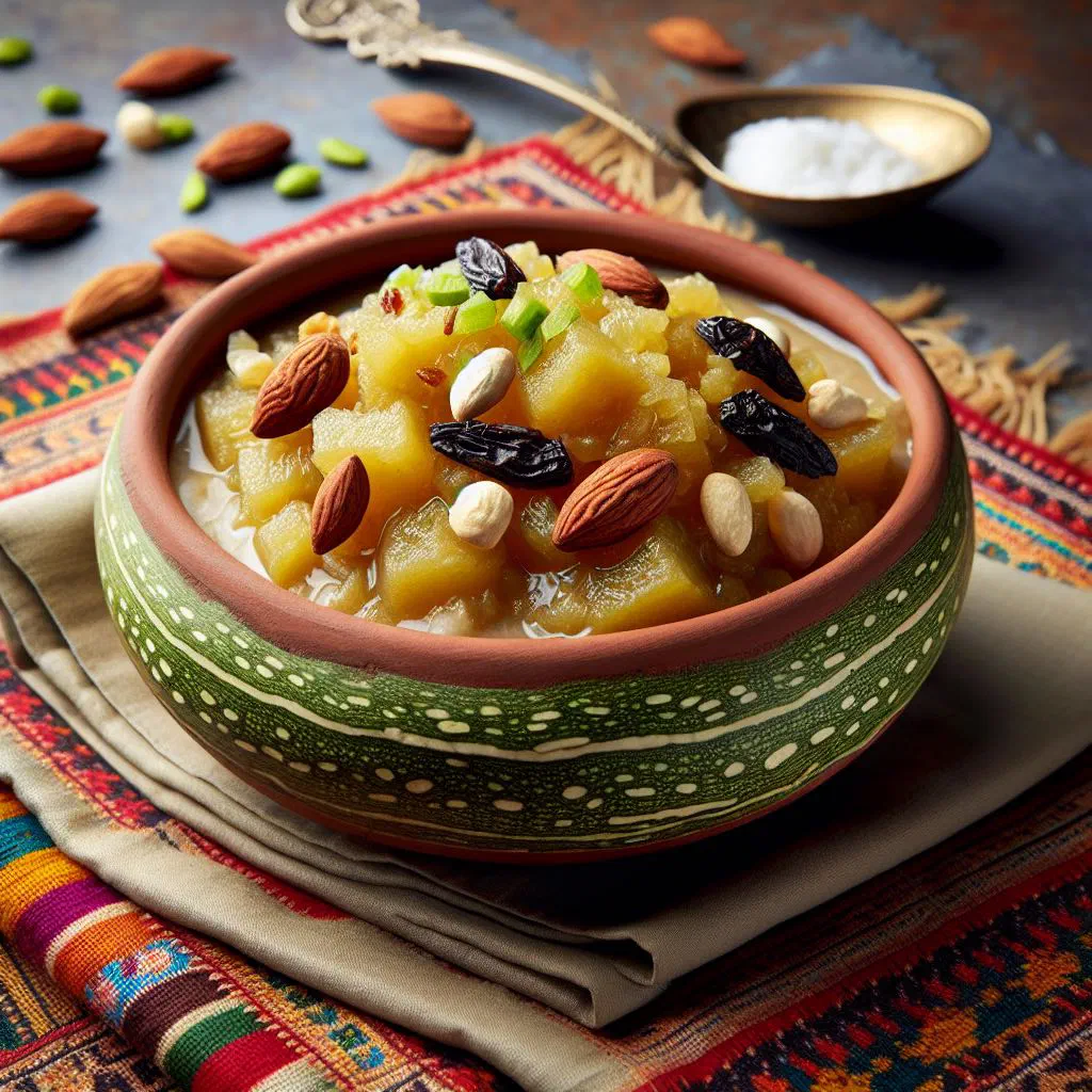Creamy lauki halwa topped with chopped nuts in a small bowl