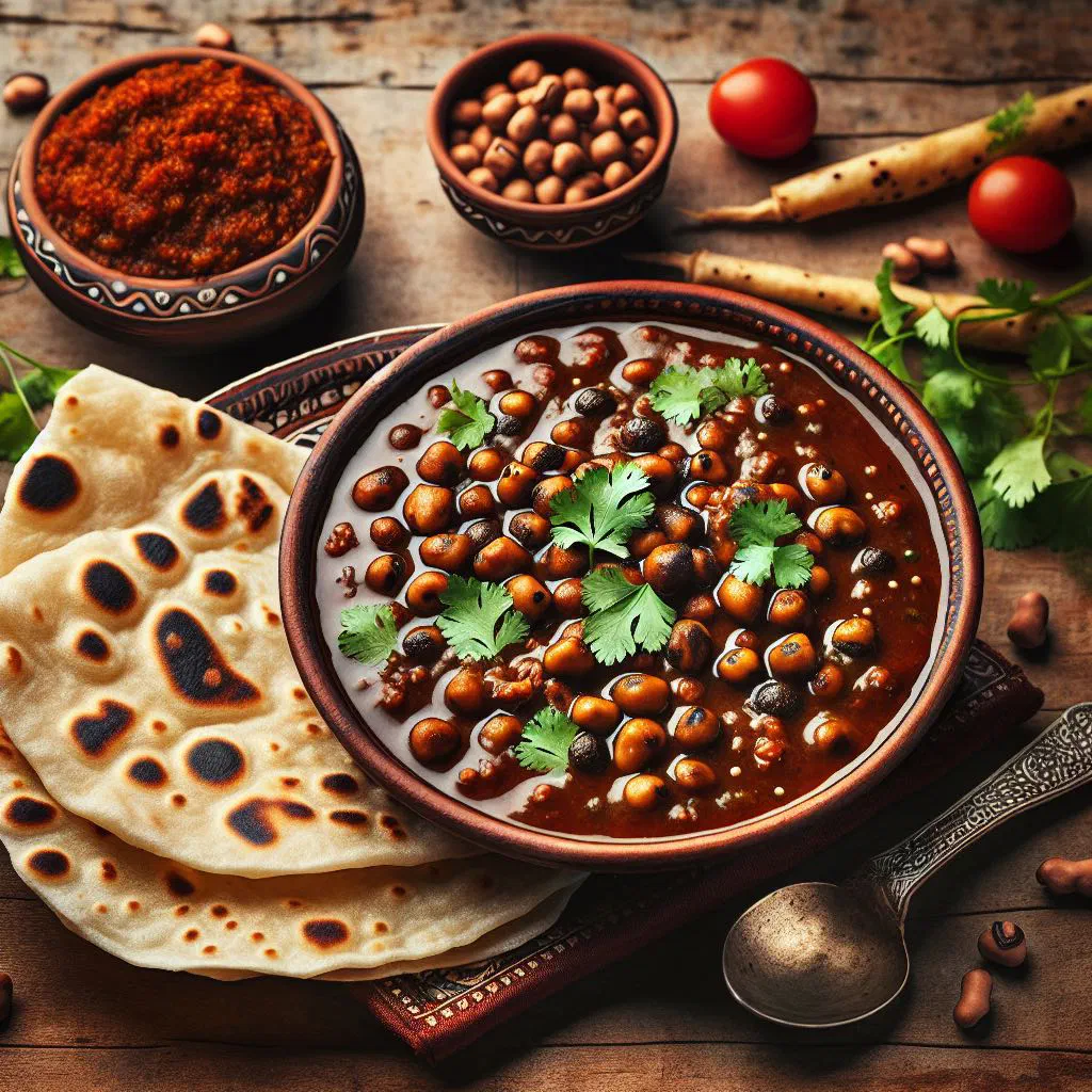 Bowl of Pakistani lobia curry with black-eyed peas garnished with fresh coriander