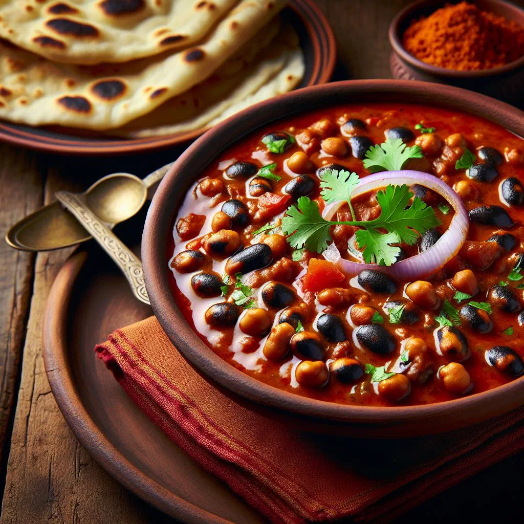 Lobia masala with black-eyed beans in a spiced tomato sauce, garnished with fresh coriander