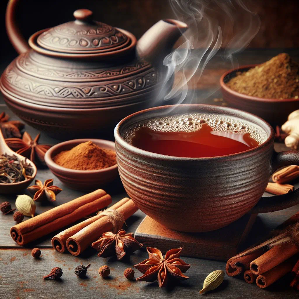 A steaming cup of masala chai with cinnamon and cardamom