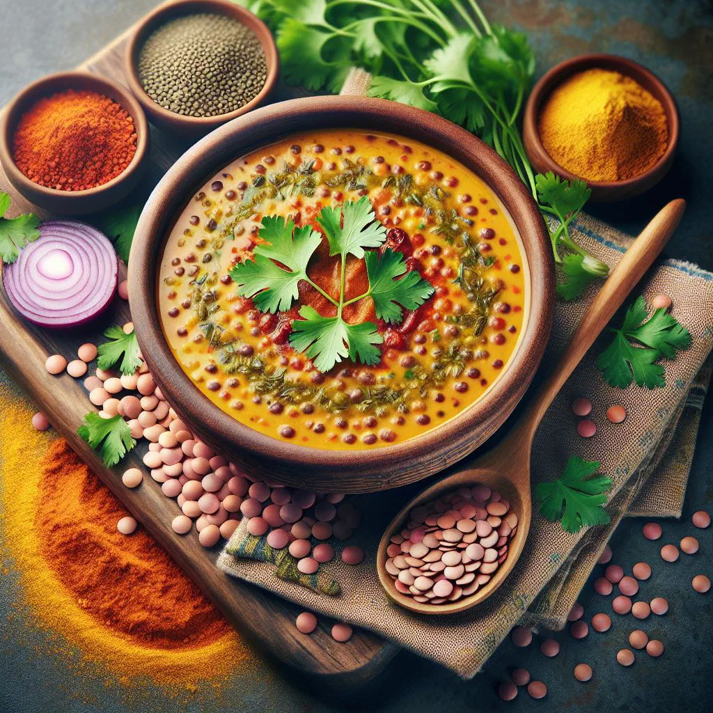 A bowl of masoor daal garnished with fresh coriander