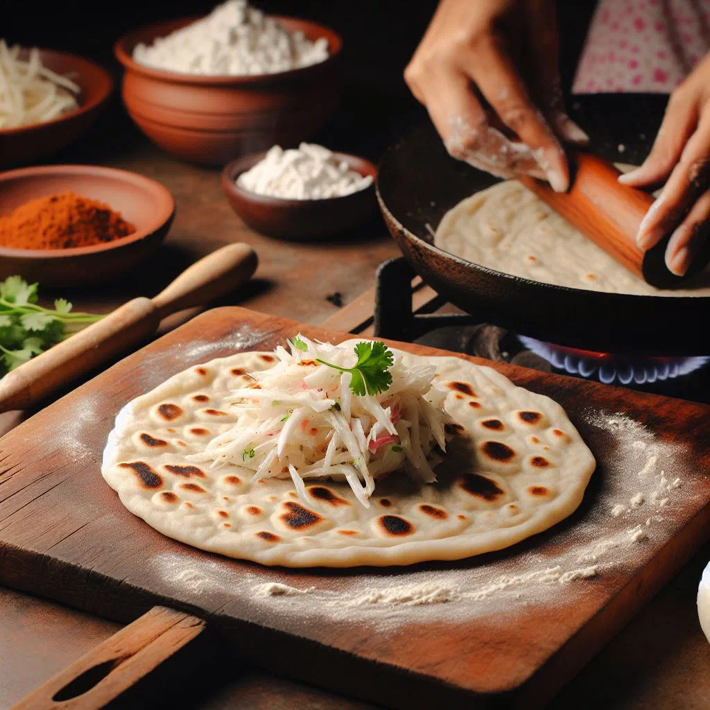 Golden mooli paratha stuffed with grated radish, served warm