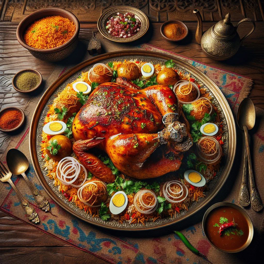 Whole roasted Murgh Musallam chicken in a creamy almond sauce garnished with coriander