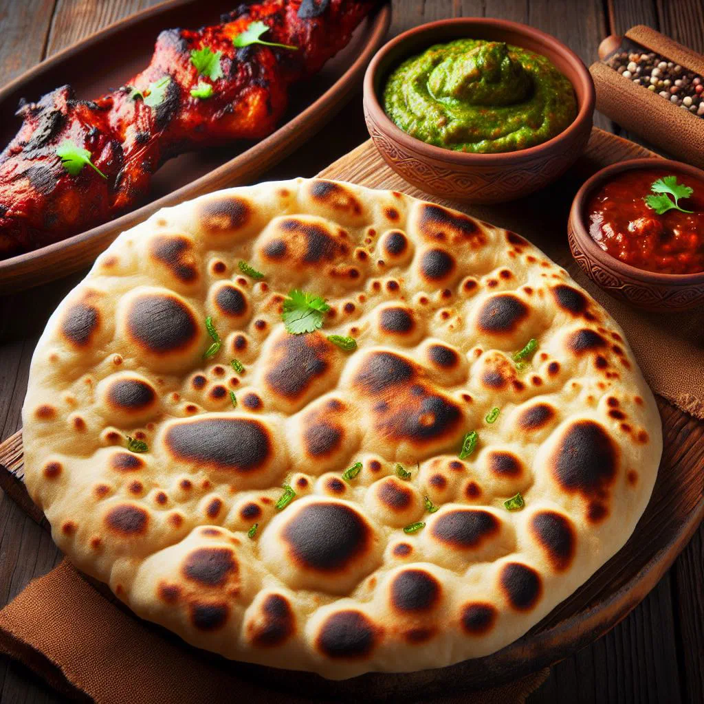 Freshly baked naan flatbread brushed with butter