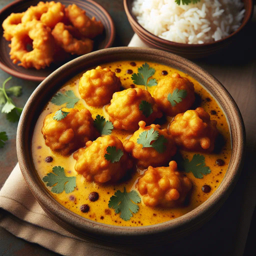 Golden pakoras in a creamy turmeric-yellow yoghurt curry garnished with coriander