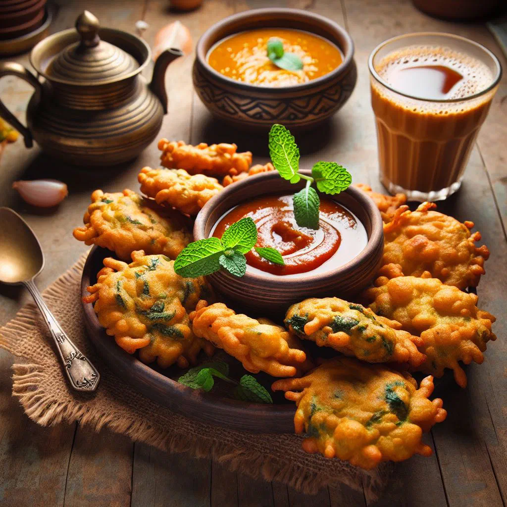 Golden, crispy vegetable pakoras served with a fresh dipping sauce
