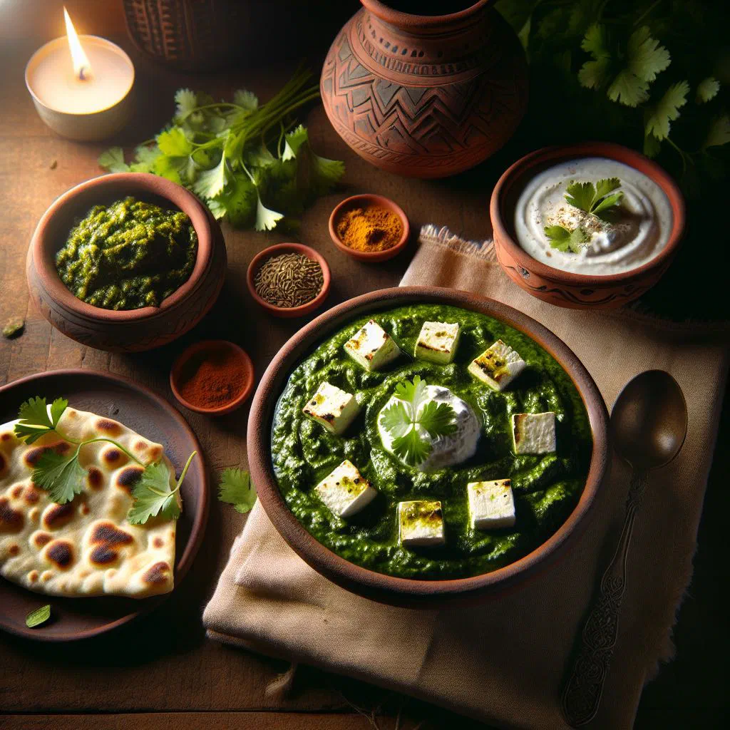 Creamy palak paneer with cubes of paneer in a bowl of spiced spinach