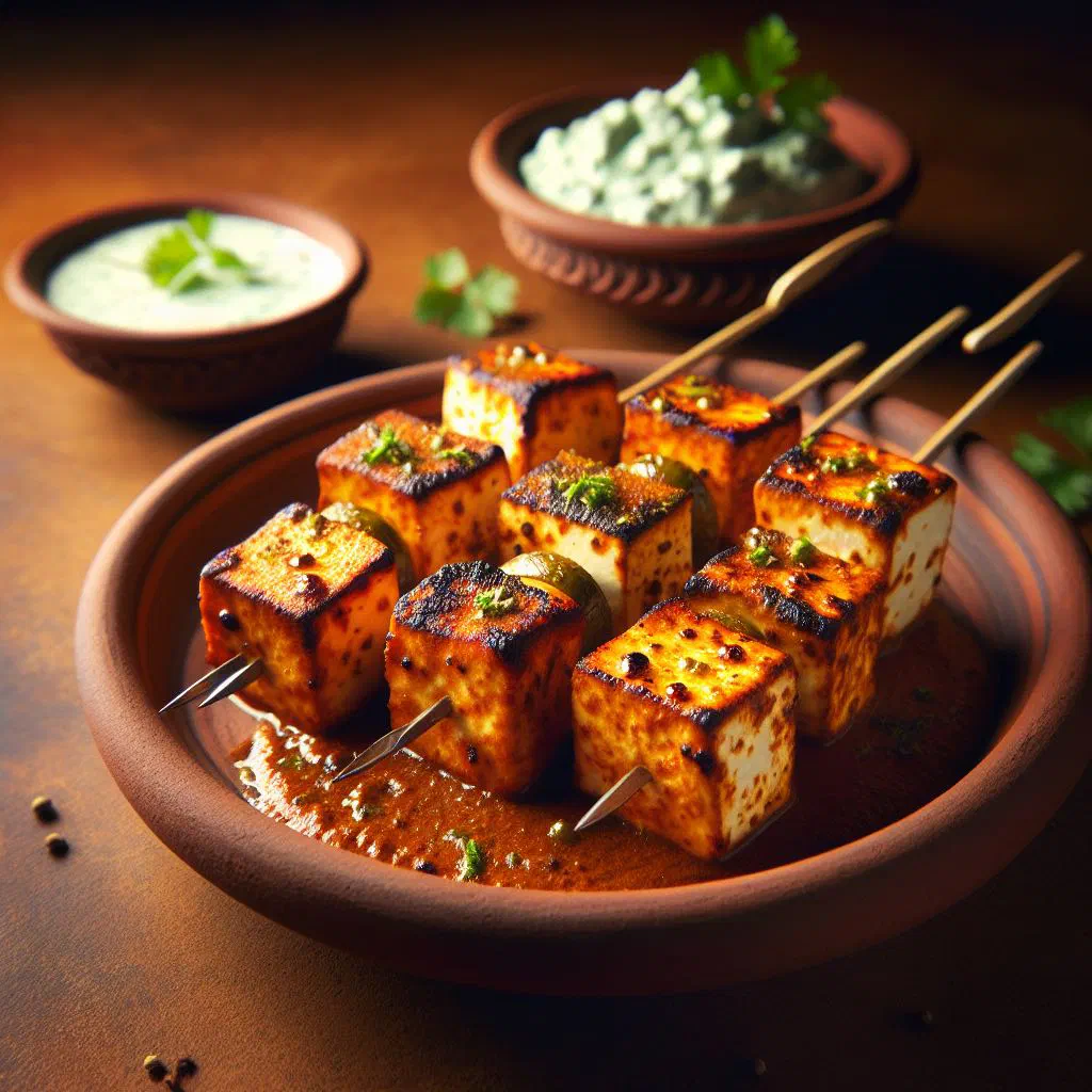 Grilled paneer tikka cubes with peppers and onions on skewers