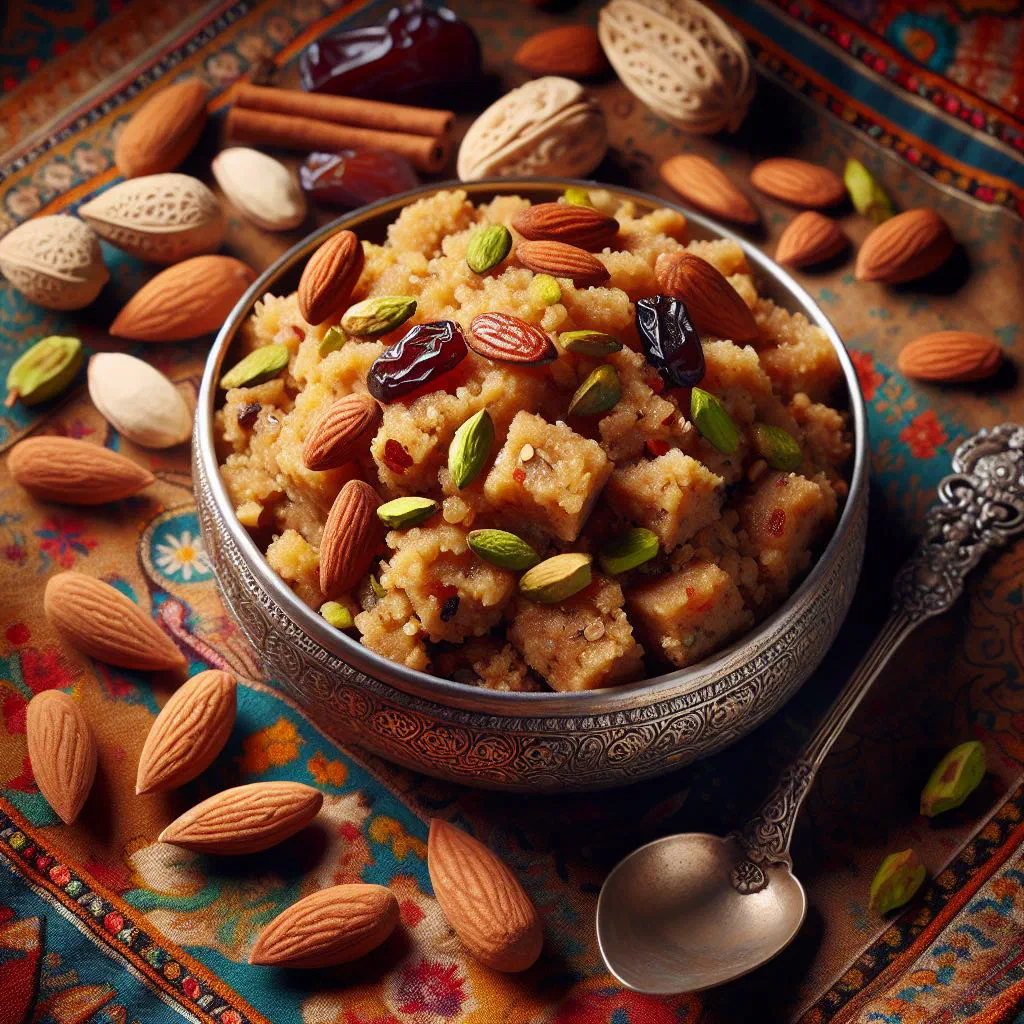Bowl of golden Pakistani panjeeri studded with chopped nuts