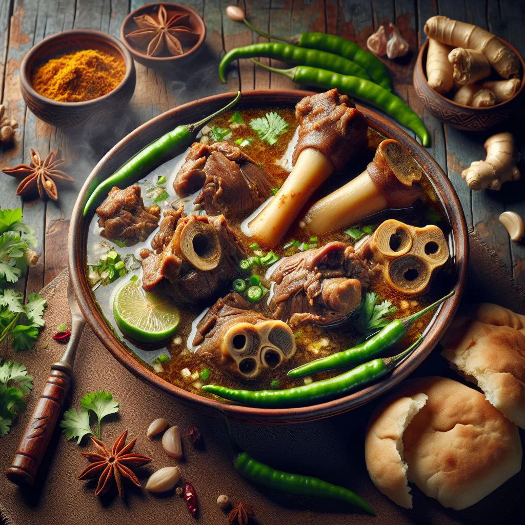 Bowl of paya nihari garnished with fresh coriander and lime