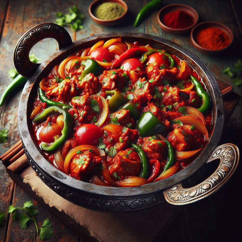 Peshawari karahi with tender meat, tomatoes and fresh coriander in a kadai