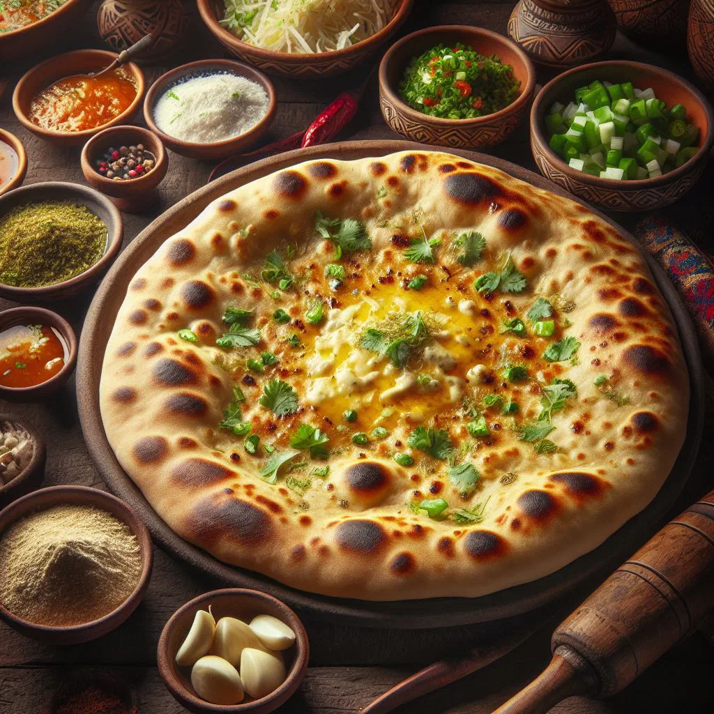 Peshawari naan flatbread filled with nuts, raisins and coconut