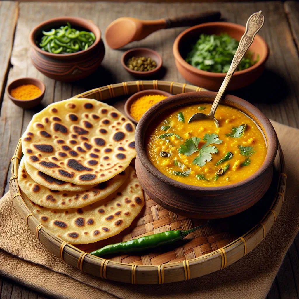 Bowl of spiced gram flour pithla served with crisp jowar bhakri flatbread