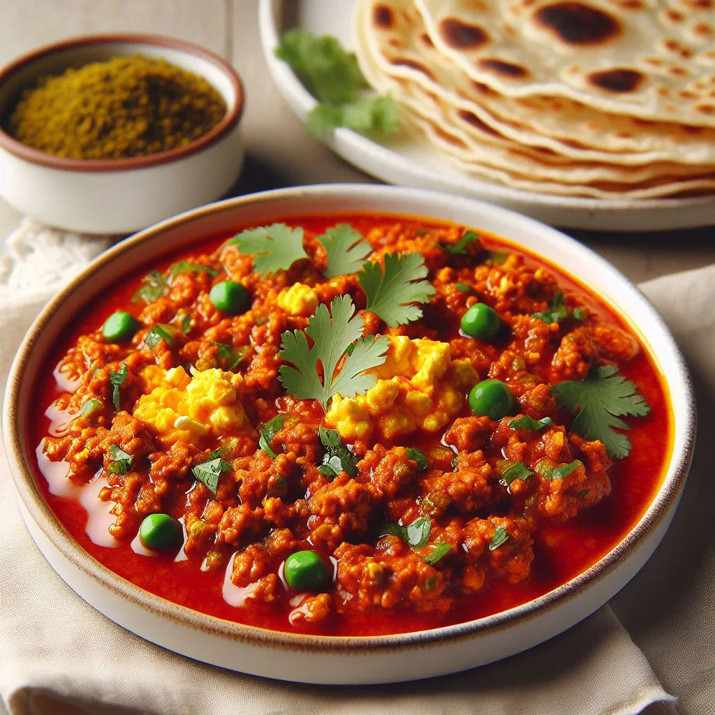 Spicy Pakistani qeema bhurji of minced meat and scrambled egg garnished with fresh coriander