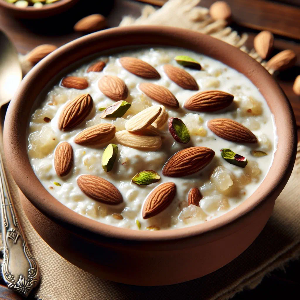 Bowl of creamy rabri topped with chopped pistachios and almonds