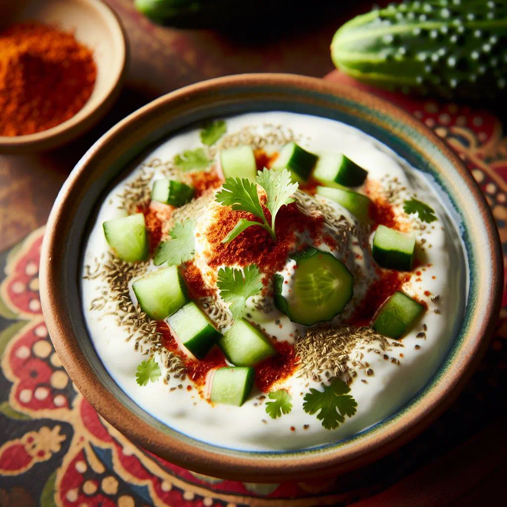A bowl of creamy raita with grated cucumber, tomato and fresh coriander