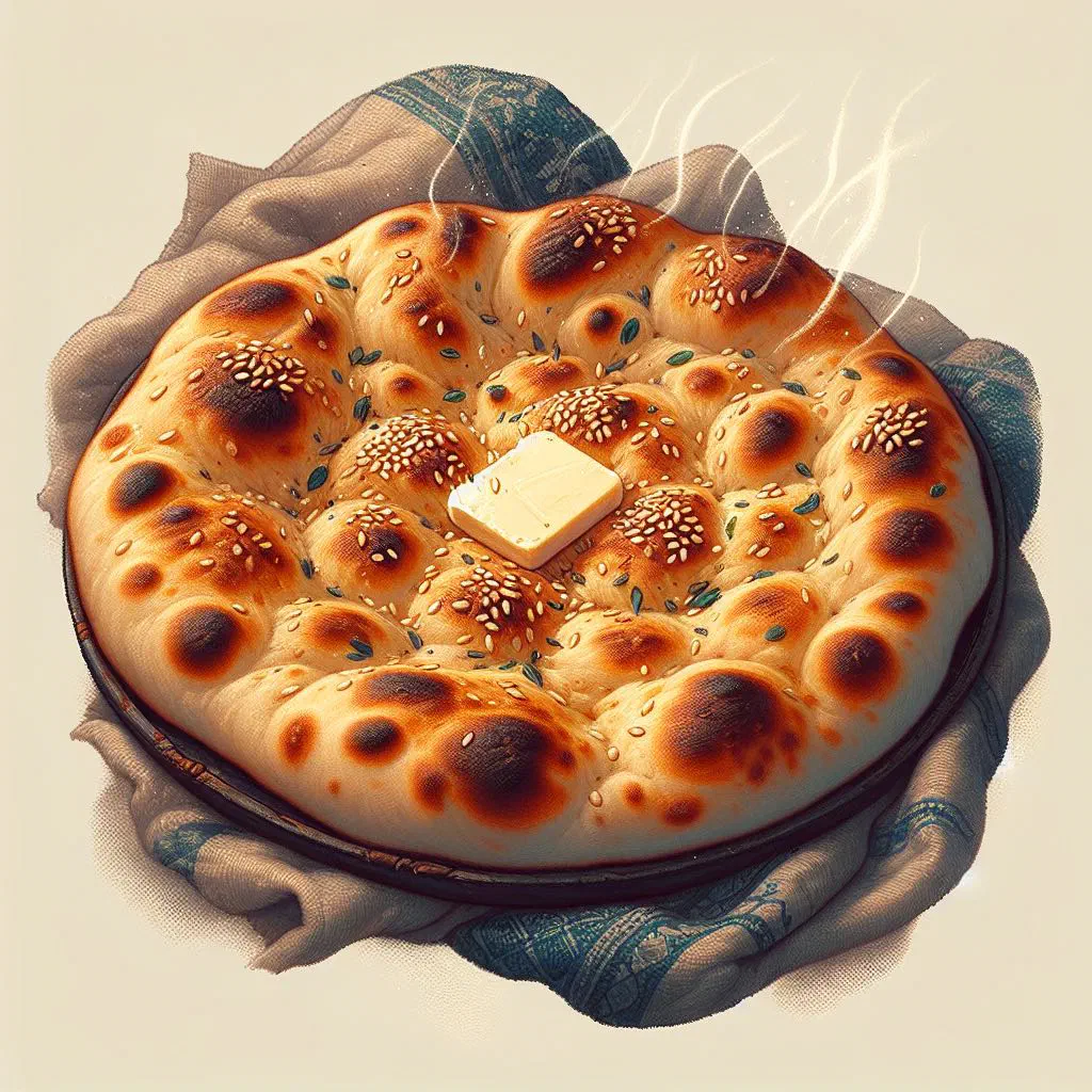 Golden-baked roghni naan flatbread brushed with ghee and sprinkled with sesame seeds