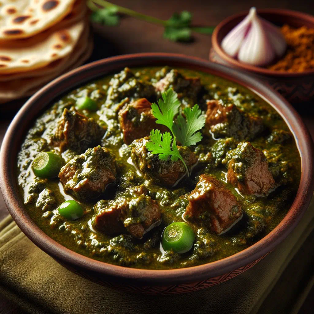 Saag Gosht — tender lamb in a spiced spinach curry garnished with coriander