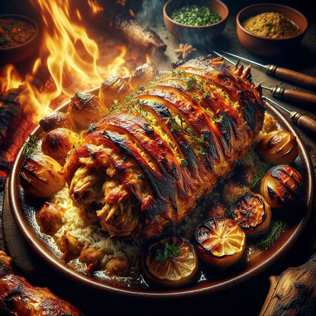 Whole spit-roasted sajji lamb served with rice and fresh herbs