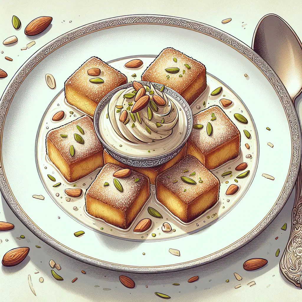 Shahi tukda fried bread slices soaked in sweet milk and topped with chopped pistachios