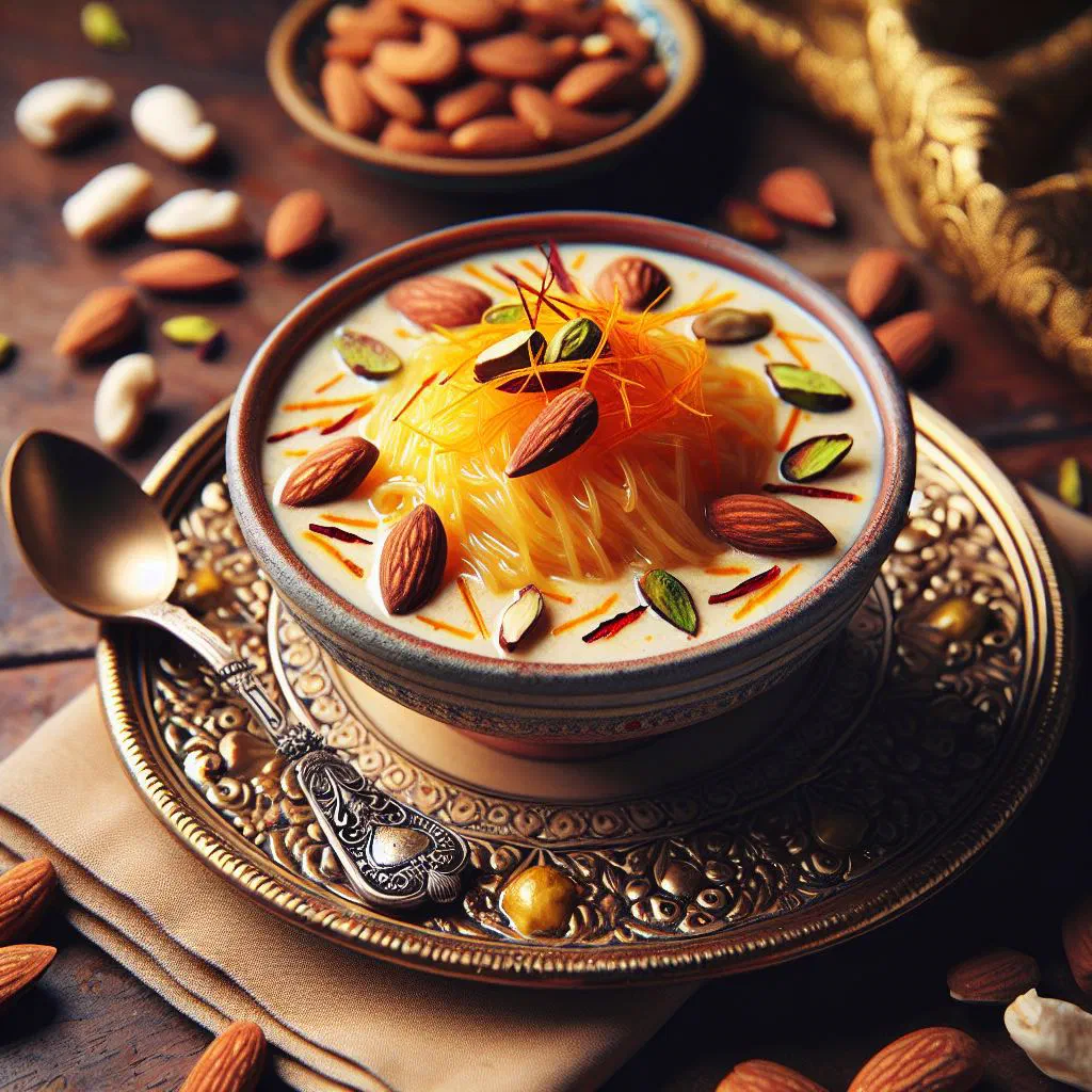 Bowl of creamy sheer khurma with vermicelli and dried fruits