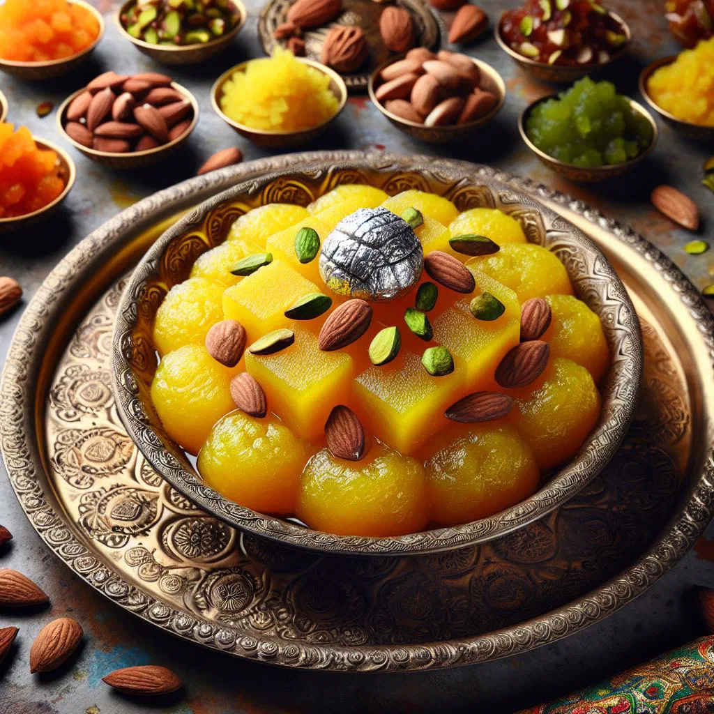 Golden squares of Sohan Halwa topped with chopped pistachios and almonds