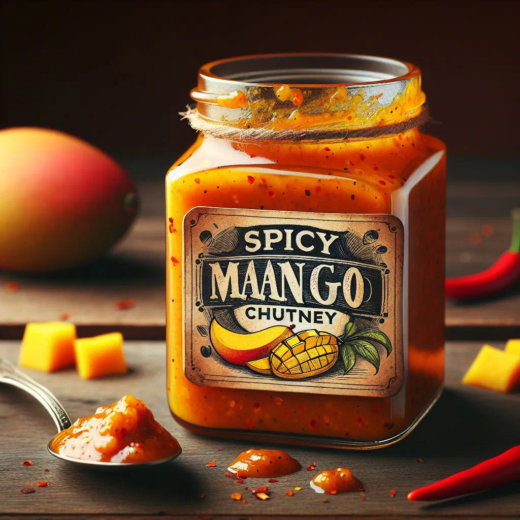 Bowl of spicy mango chutney flecked with green chillies and coriander