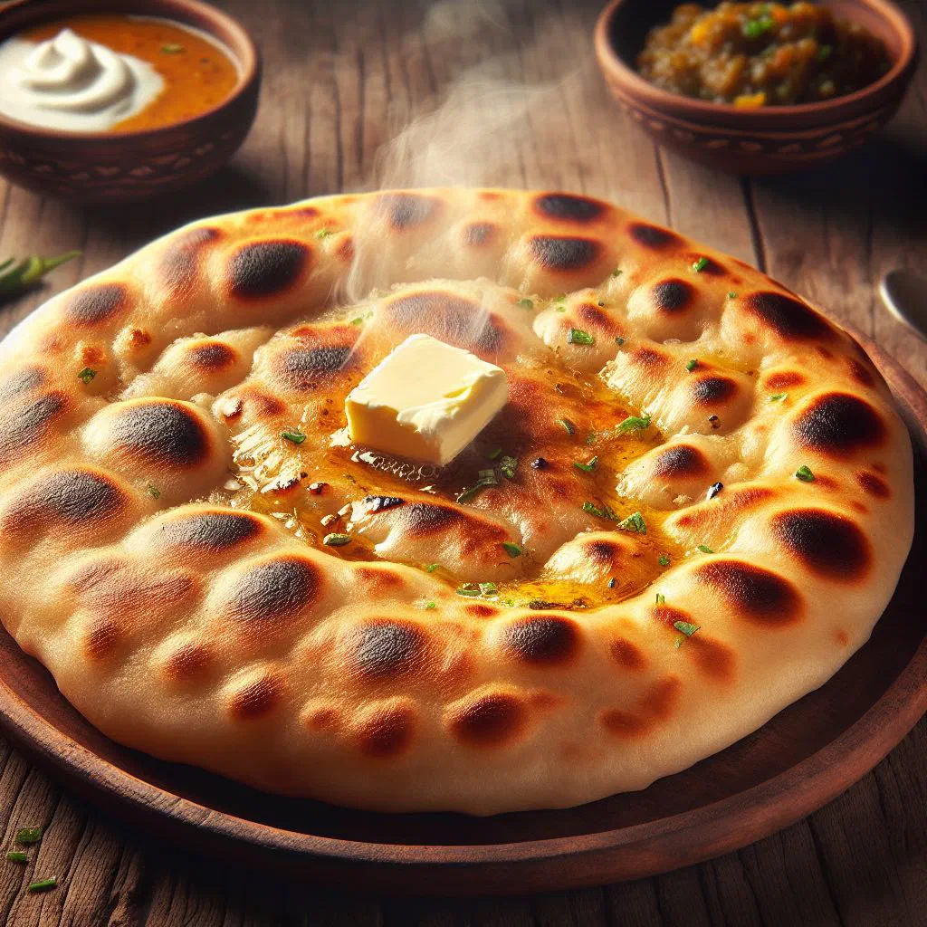 Golden stuffed kulcha flatbread with a potato filling, garnished with fresh coriander