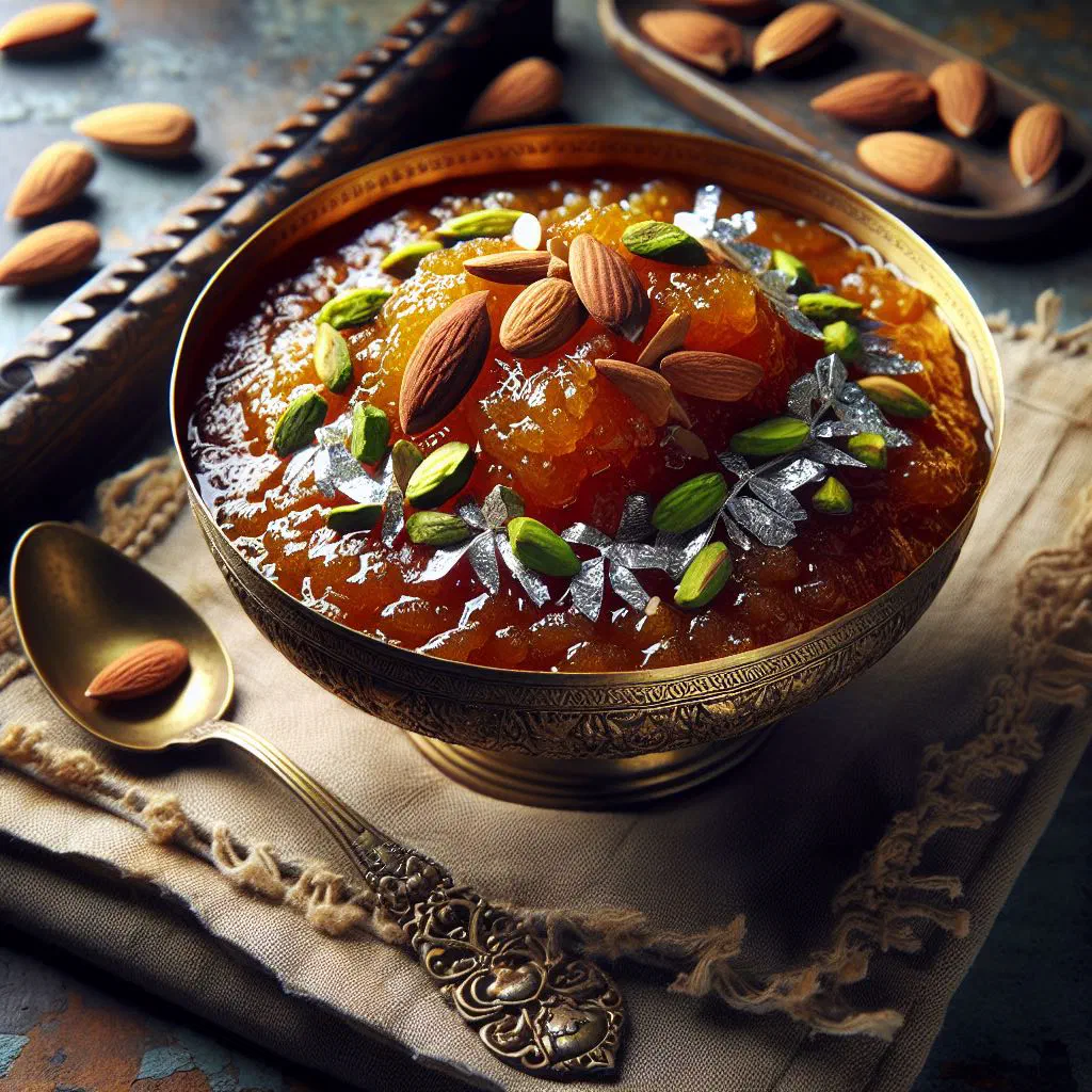 Warm semolina halwa topped with chopped nuts in a small bowl